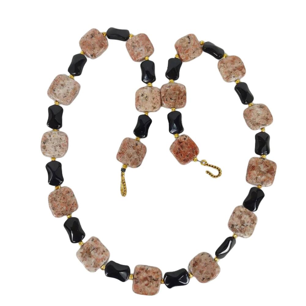 Vintage Speckled Jasper & Black Tourmaline Stone 22" Necklace, Estate Jewelry